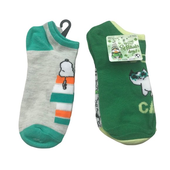 Lot of 4 St Patrick's Day Women's Shoe Size 4-10 No Show Socks Peanuts and Cats - Picture 1 of 13